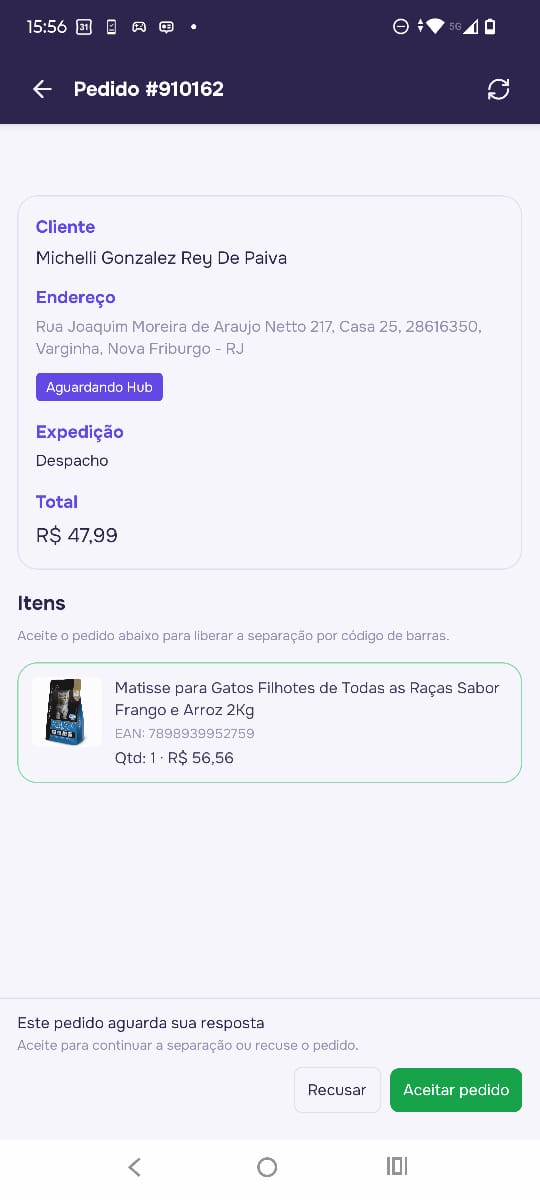 Tela de detalhe do pedido com os botões Recusar e Aceitar.