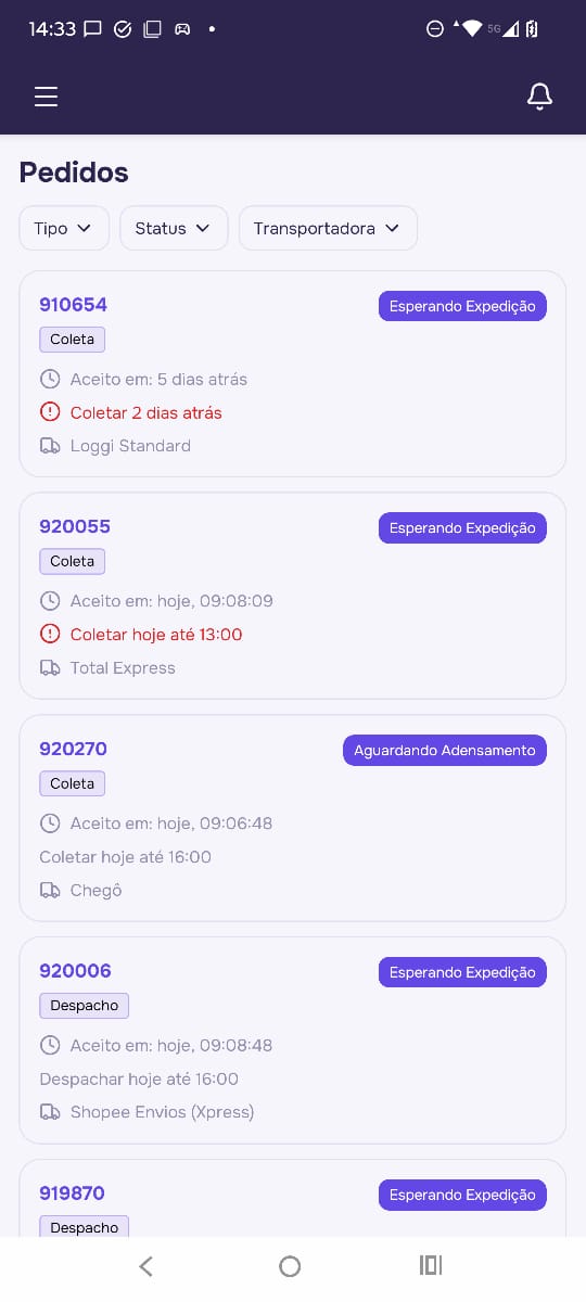 Tela Pedidos com a lista de pedidos em andamento.