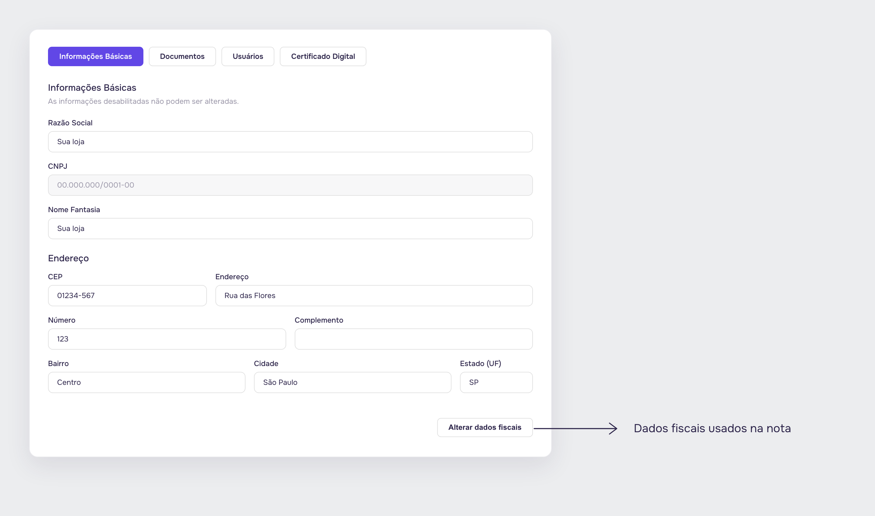 Tela Configurações → Informações básicas do painel do hub, com os campos Razão social, CNPJ (desabilitado), Nome fantasia e Endereço, e o botão Alterar dados fiscais destacado.