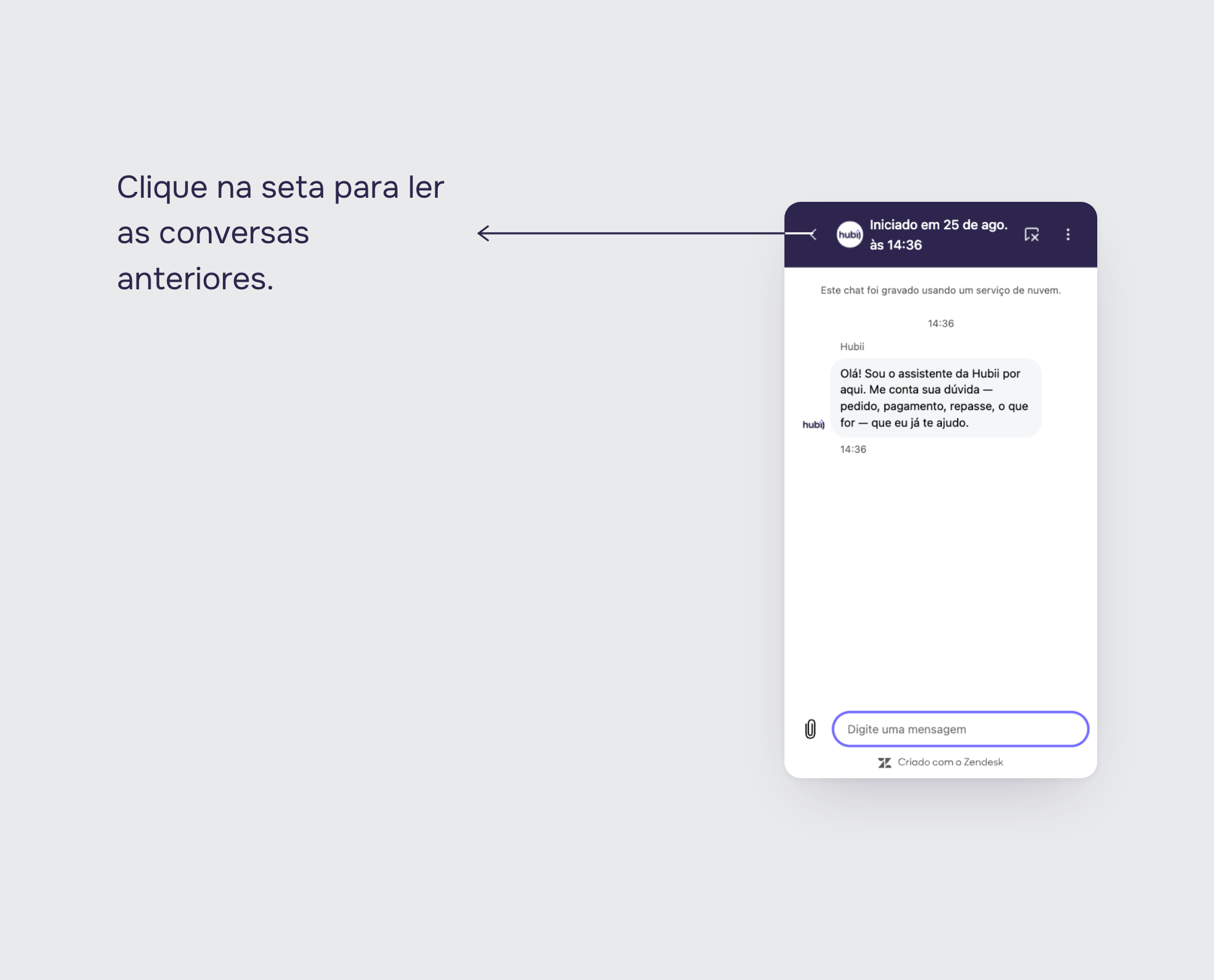 Chat aberto no painel, com a seta de voltar destacada no topo do chat.